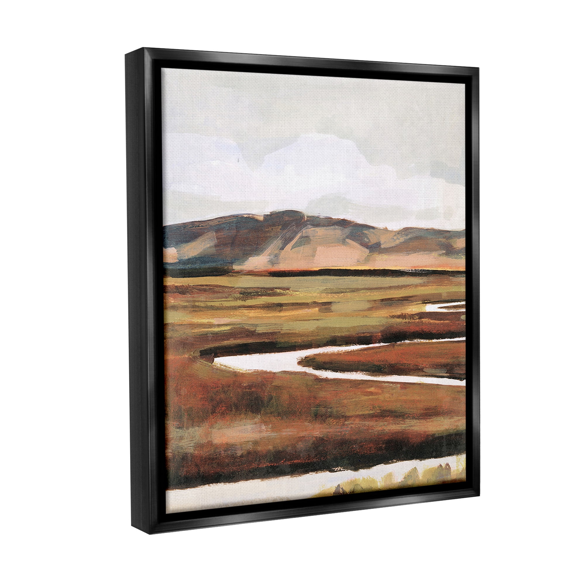 Stupell Industries Winding River Landscape Landscape Painting Black Floater Framed Canvas Art Print Wall Art, 25 x 31