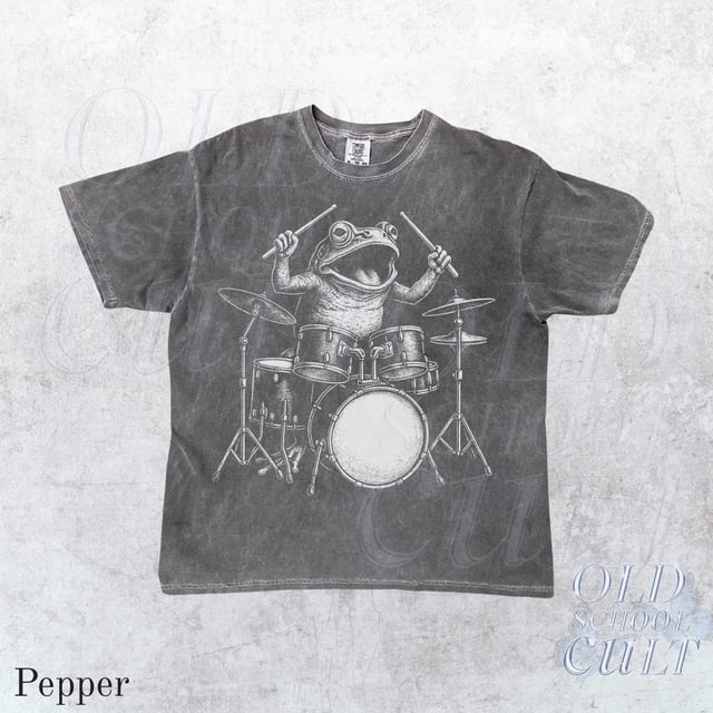 T-Shirt Drôle Musique Rétro Années 90 Grenouille Jouant de la Batterie Unisexe P-5TG
