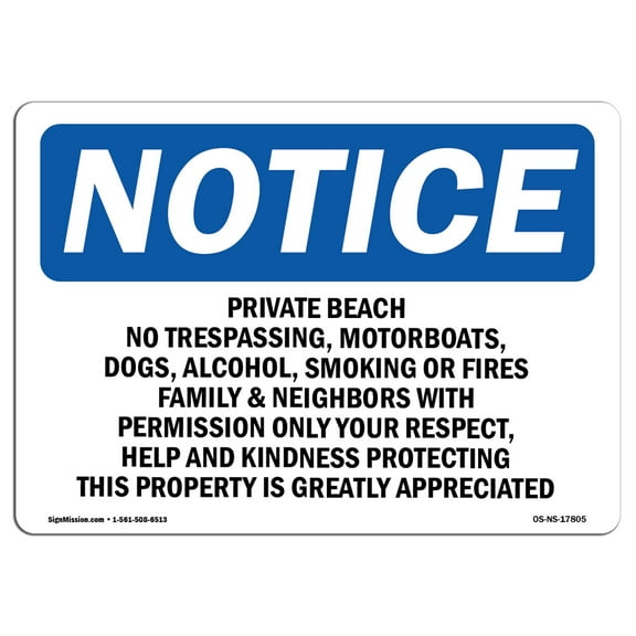 OSHA Notice Sign - Private Beach No Trespassing Motorboats | Aluminum Sign | Protect Your Business Work Site Warehouse & Shop Area |  Made in the USA