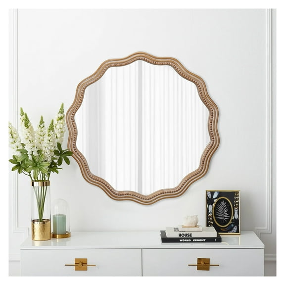 23.62 inches Wood Round Wavy Wall Mirror Round Wall Mirror Scalloped Mirror -Large Decorative Wood Framed Hanging Circle Mirror Modern Farmhouse Decor for Bathroom,Living Room, Decor
