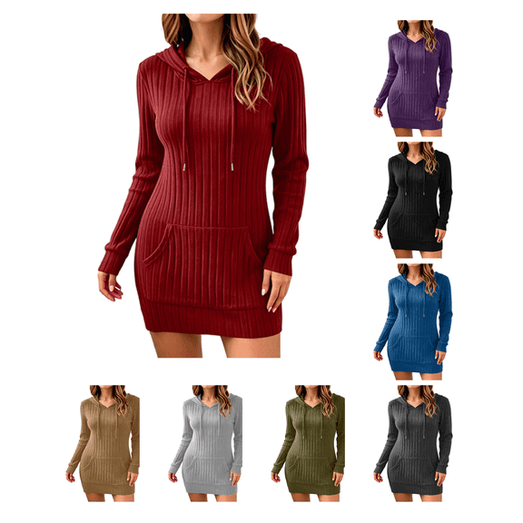 Busydd Ribbed Long Sleeve Dress for Women with Kangaroo Pocket Fashion Drawstring Hooded Fall Dresses Casual Comfortable Solid Color Sweater Dress S