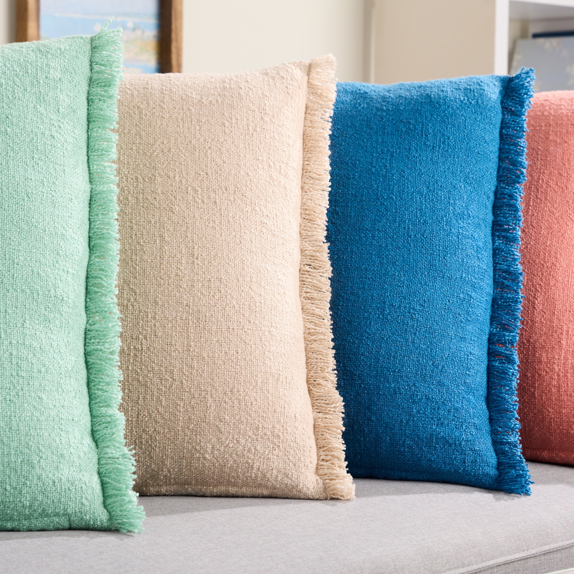 TOWN & COUNTRY EVERYDAY Rio Solid Fringe Handcrafted Indoor Outdoor Decorative Pillow 2-Pack Set, 100% Recycled Materials, UV Fade Resistant, Water Repellent, Beige 20"x20"