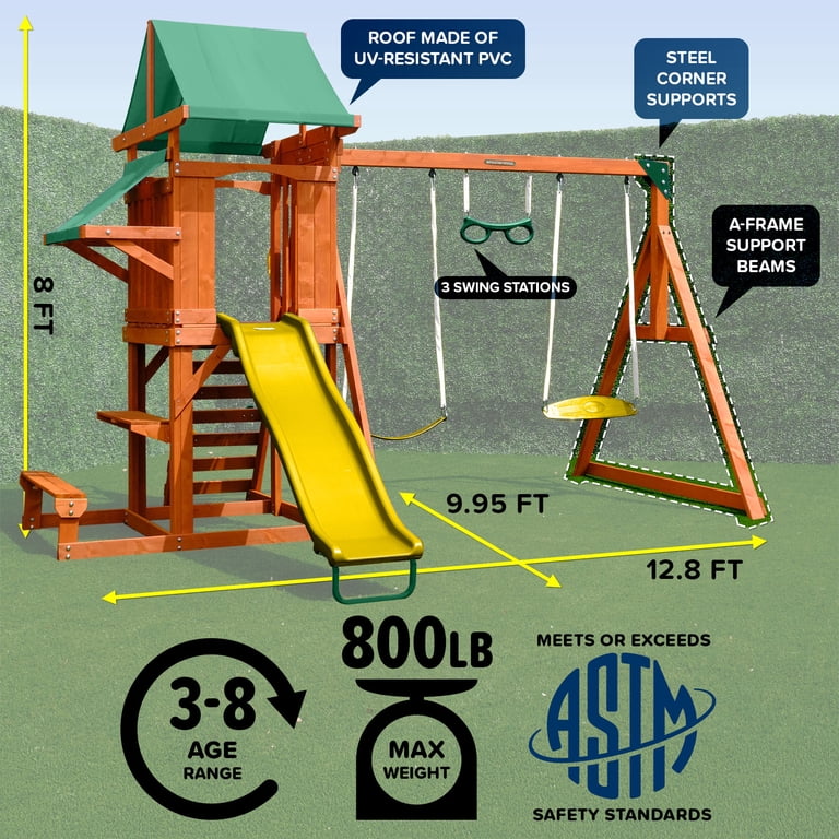 Sportspower Roseville Wooden Swing Set with Play Fort, Bench with