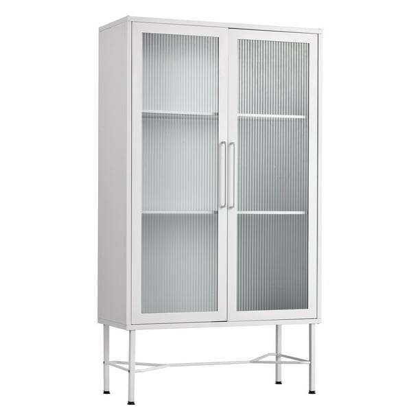 Furniturer 2 Glass Door Accent Metal Storage Cabinet For Living Room Bedroom White Com Glass Door Accent Metal Storage Cabinet, Metal Storage Cabinet With Glass Doors