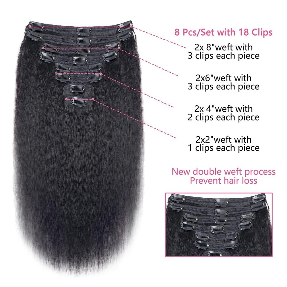 Kinky Straight Clip In Hair Extensions for Black Women Real Human Hair Natural Black 8Pcs 120g Full Head Yaki Straight Clip in Extensions