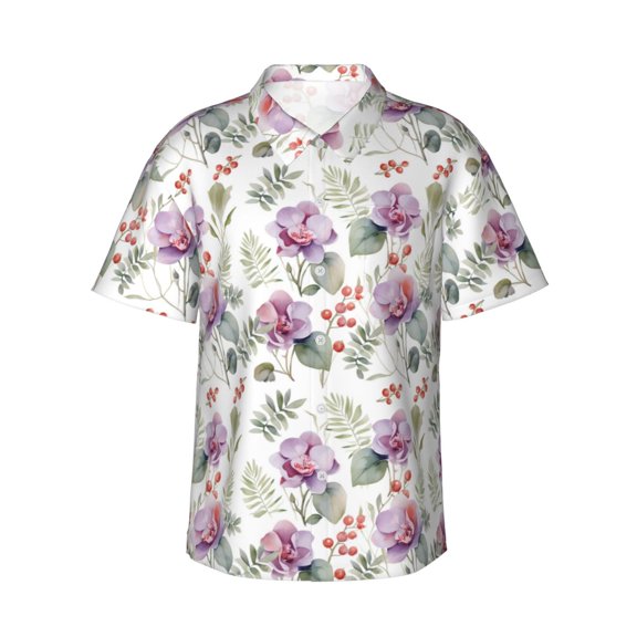 Fotbe Orchids Flowers Hawaiian Shirt for Men Unisex Summer Beach Casual Short Sleeve Cotton Linen Button Down Shirts-3X-Large