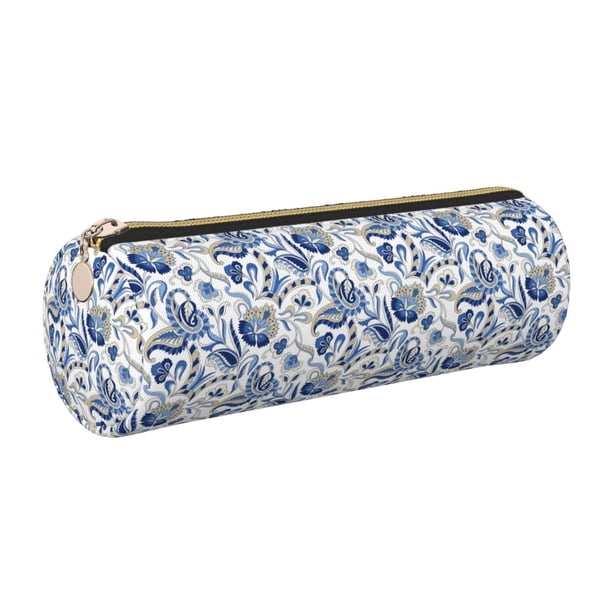 Easygdp Blue Paisley para Estuche de Lápices Cilíndrico de Cuero con Cremallera, Organizador de Lápices de Cuero para Escuela, Oficina y Viajes