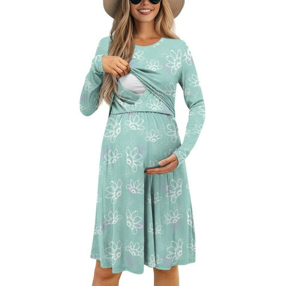 SCRAWLGOD Flower Maternity Dress for Breastfeeding Dress Midi Dresses for Pregnant Women Clothes Long Sleeve Nursing Friendly Dress Size S Lightweight Ladies Swing Dresses