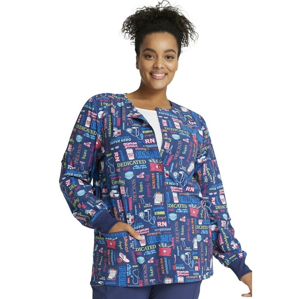 Cherokee Prints Warm Up Scrubs Jacket For Women Snap Front Print Plus