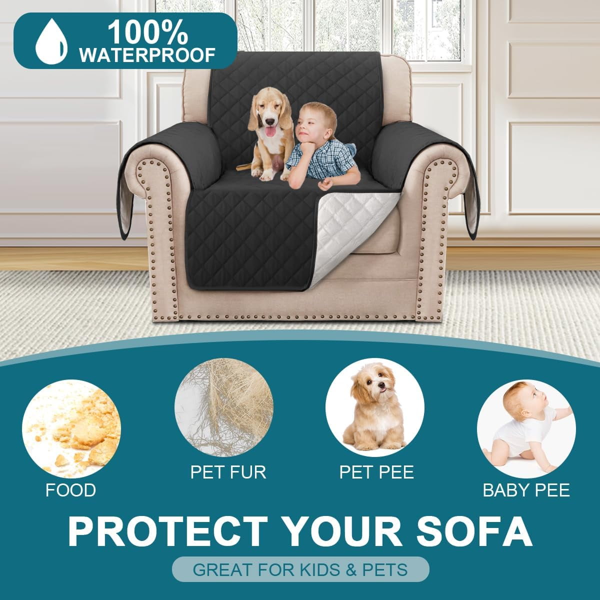 Recliner Chair Covers, 100% Waterproof Sofa Covers Chair Cover Slipcover Couch Protector Triple Non-slip Sofa Slipcover for 1 Cushion Furniture Protector for Pets, Kids, Dog (23", Black)