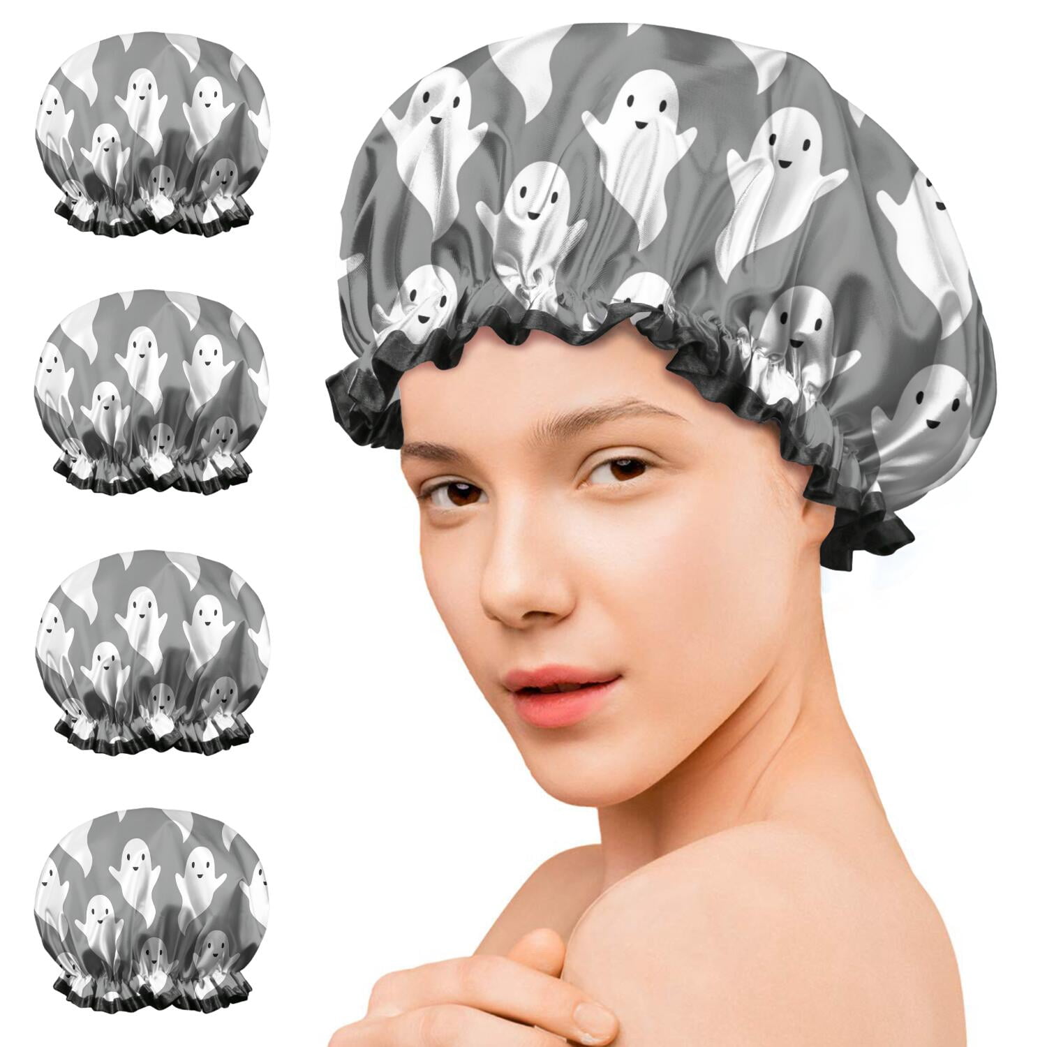 Shower Caps,Gray Halloween White Ghosts Waterproof Shower Cap for Women 4 Pieces,Double Reusable Hair Cover for Shower PEVA Elastic Stretch Hem