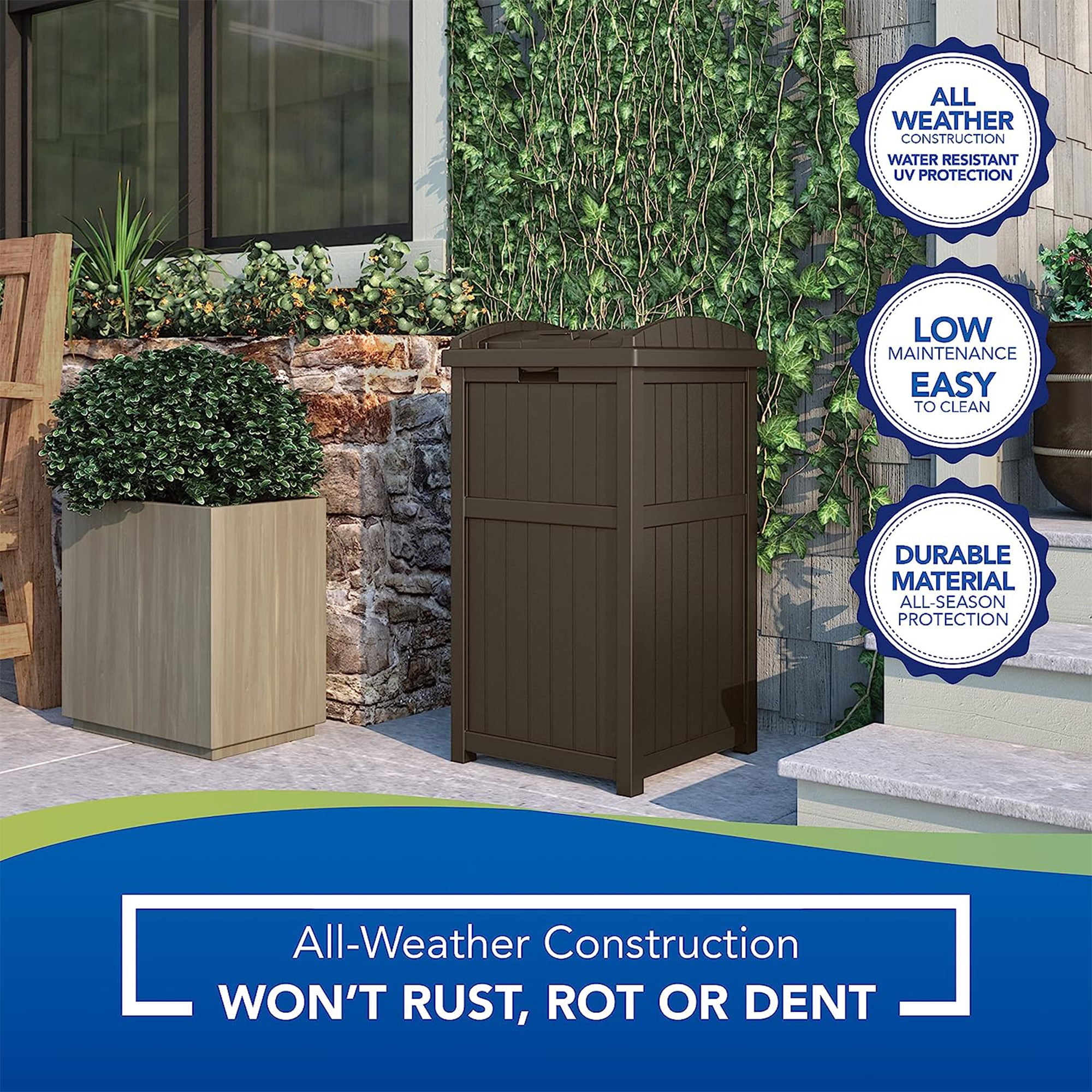 Suncast Plastic Trash Hideaway 30 Gallon Brown Outdoor Trash Can with Lid,  Suitable for Patios, Decks and Backyards