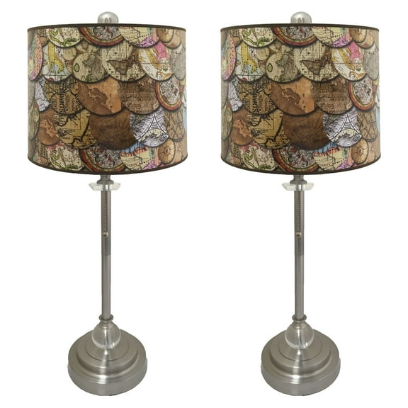 Royal Designs 28" Crystal and Brushed Nickel Buffet Lamp with Vintage Old World Maps Design Hard Back Lamp Shade, Set of 2
