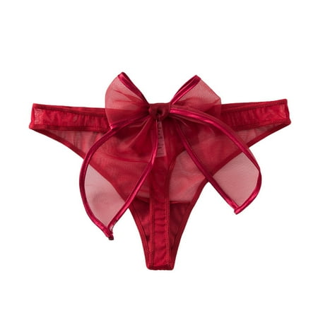 BYHONG Solid Color Satin Bow Ribbon Thong Sexy Transparent Ribbon Panties for Women Panties for Women Pack Red M