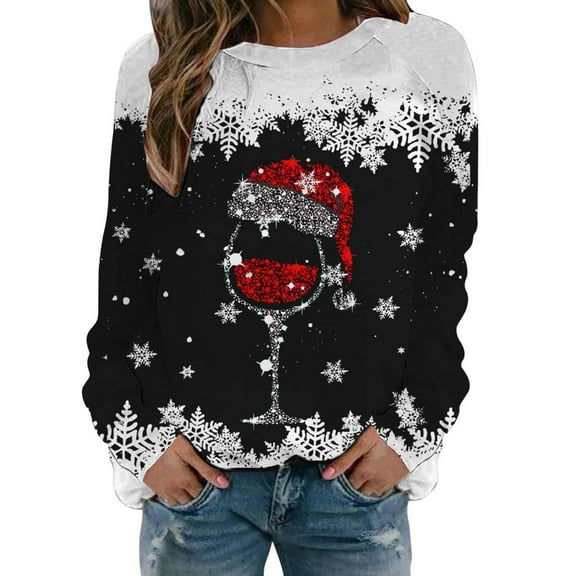 Crewneck Sweatshirts Ugly Christmas Sweater Women Funny Plus Size Long Sleeve Xmas Red Wine Glass Shirts Pullover