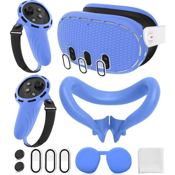Silicone Cover Set Compatible with Oculus/Meta Quest 3 Accessories, Touch Controller Grips Cover, VR Shell Cover, Facial Interface Cover, Protective Lens Cover, Tempered Glass Lens Caps
