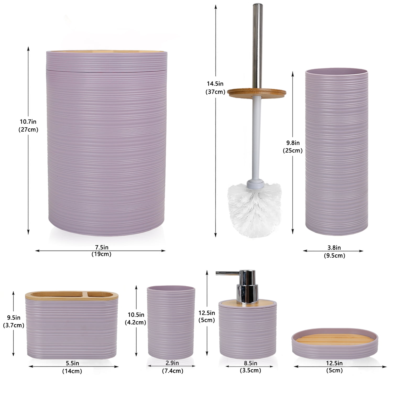 CERBIOR 6 Pcs Bamboo Bathroom Accessories Sets Irregular Stripe Design Complete Set Bathroom Decor Vanity Countertop Accessory Set, Purple