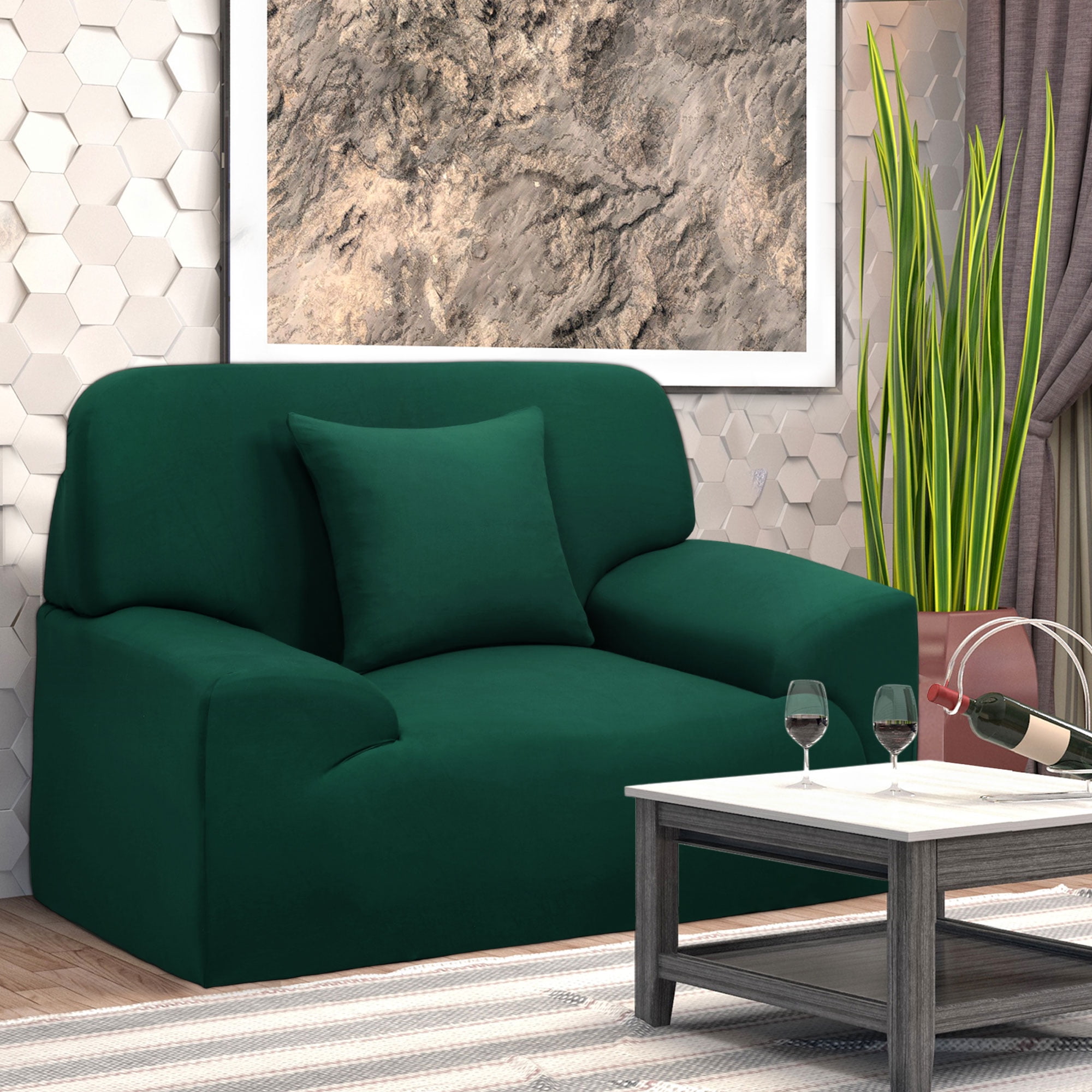 PiccoCasa Thick Stretch Sofa Cover 1 Seater Solid Couch Cover, Dark Green