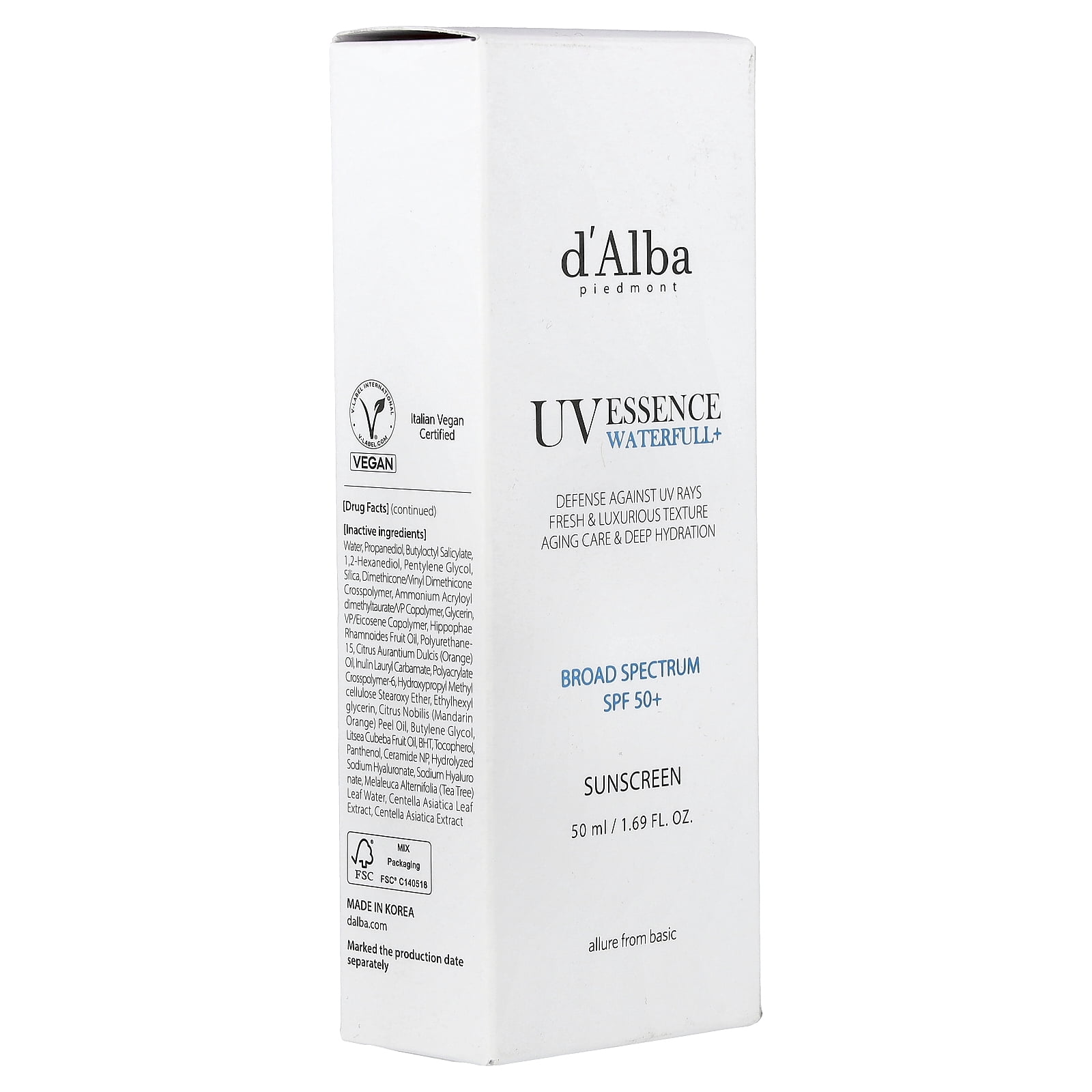 d'Alba UV Essence Waterfull+ Sunscreen, SPF 50+, 1.69 fl oz (50 ml)
