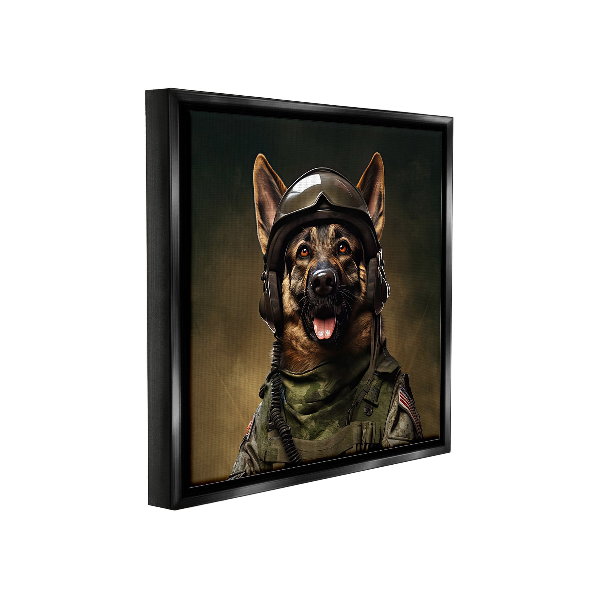 Stupell Industries German Shepherd in Uniform Animals & Insects Painting Black Floater Framed Canvas Art Print Wall Art, 25 x 25