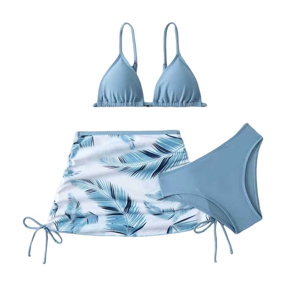 Zanarzt Tween Bathing Suits Swimsuits for Teen Girls Girl's 3 Piece Swimsuits Floral High Waisted Bikini Bathing Suit with Mesh Coverups Skirt Blue,11-12 Years