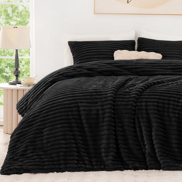 Juego de edredón EXQ Home Fluffy Queen Size, piel sintética negra