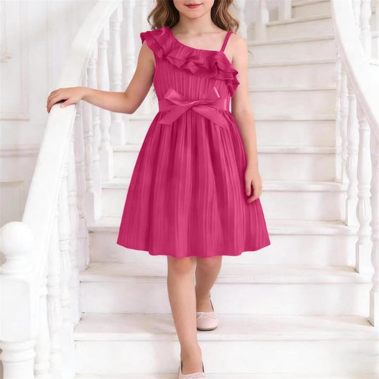 princess cut summer dress Rvasteizo Dresses for Girls Solid Sleeveless Round Neck Dress Ruffle Sleeve  Bow Princess Cut for 4-9 Years Girls Summer Wear