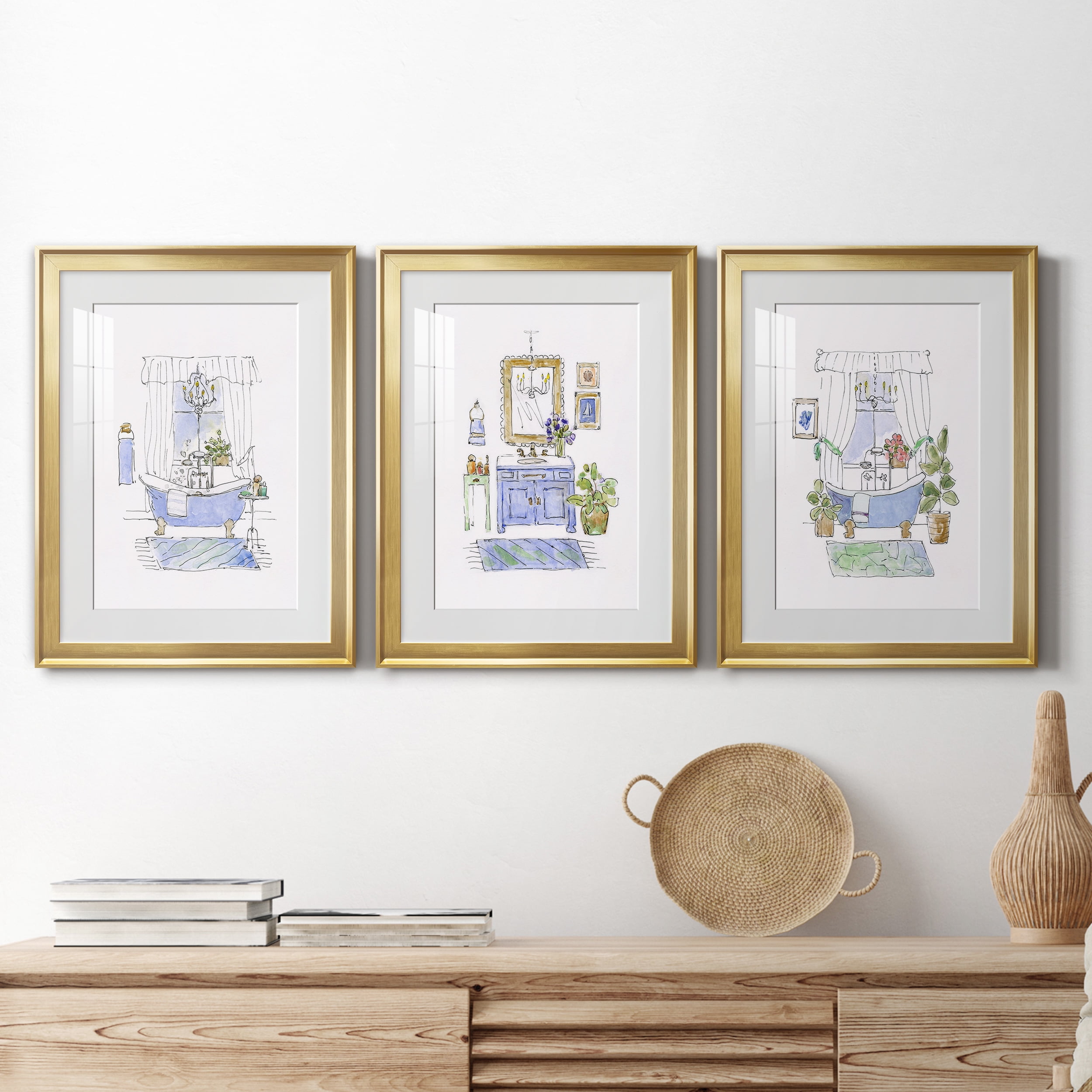 Sketchy Bath I Premium Framed Prints Set of 3 - Ready to Hang - 22 x 30 Each - Gold Frame