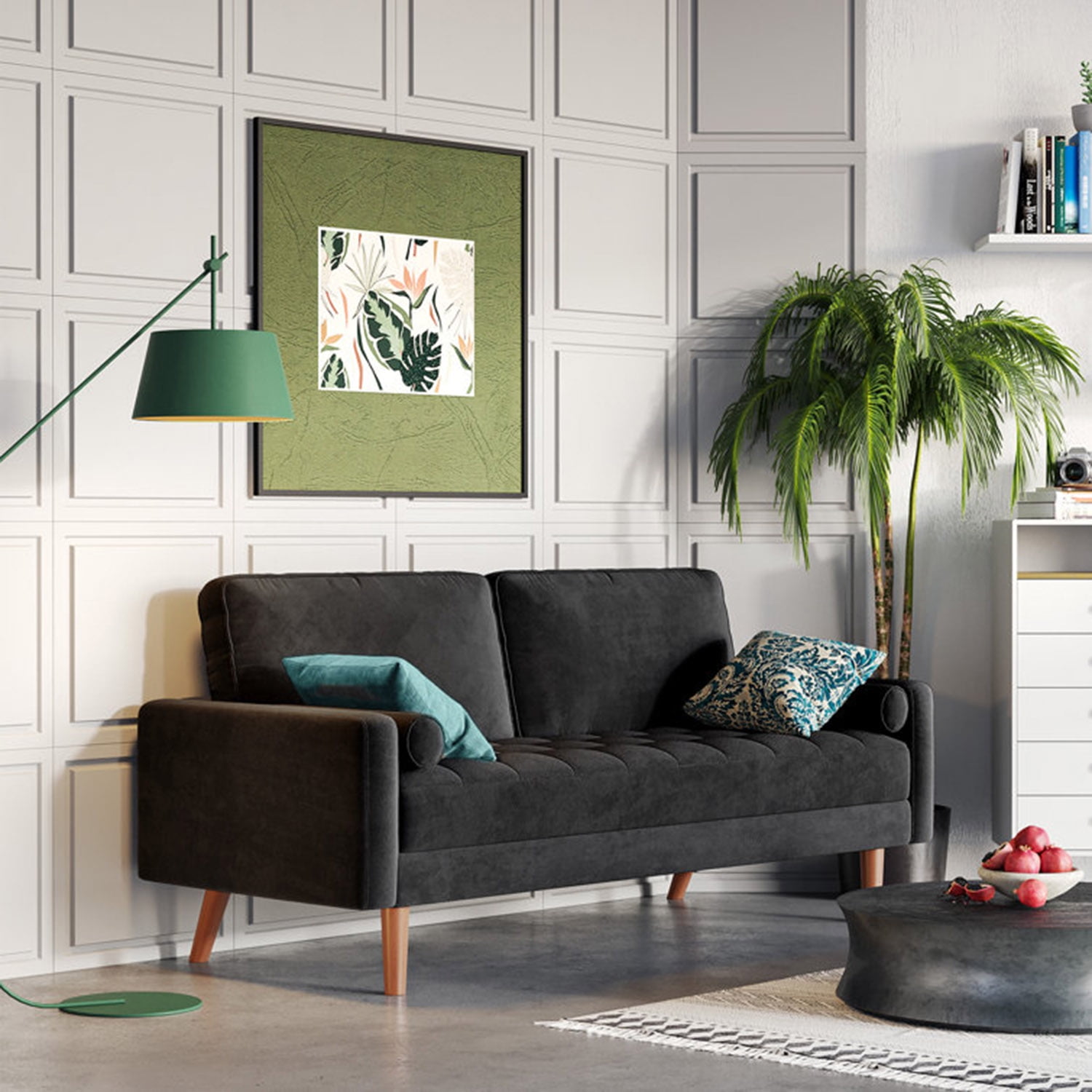 Neche Sofa for Living Room,Solid Wood Foot, 2 Seater Small Modern Loveseat Couch in a Box  - Black