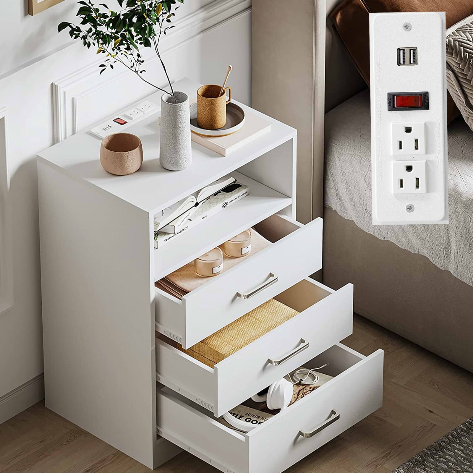 White Nightstand with 3 Drawers&USB Port Sofa Side Storage Stand