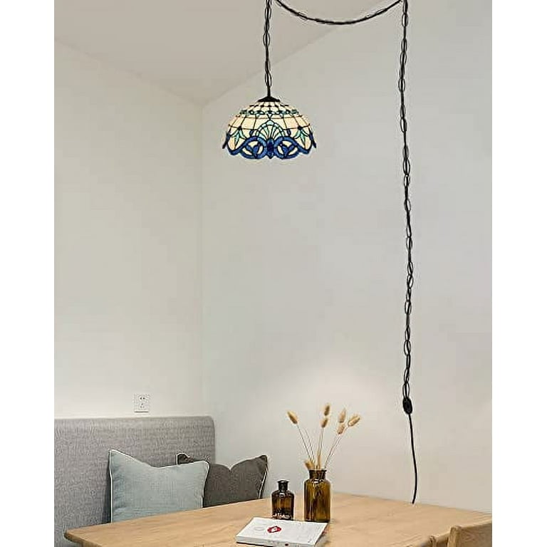 Plug-in Pendant Light With Fern Leaves & Blue Grey Teal Abstract Design – 16.4 Ft Cord, Dimmable, Remote Controlled