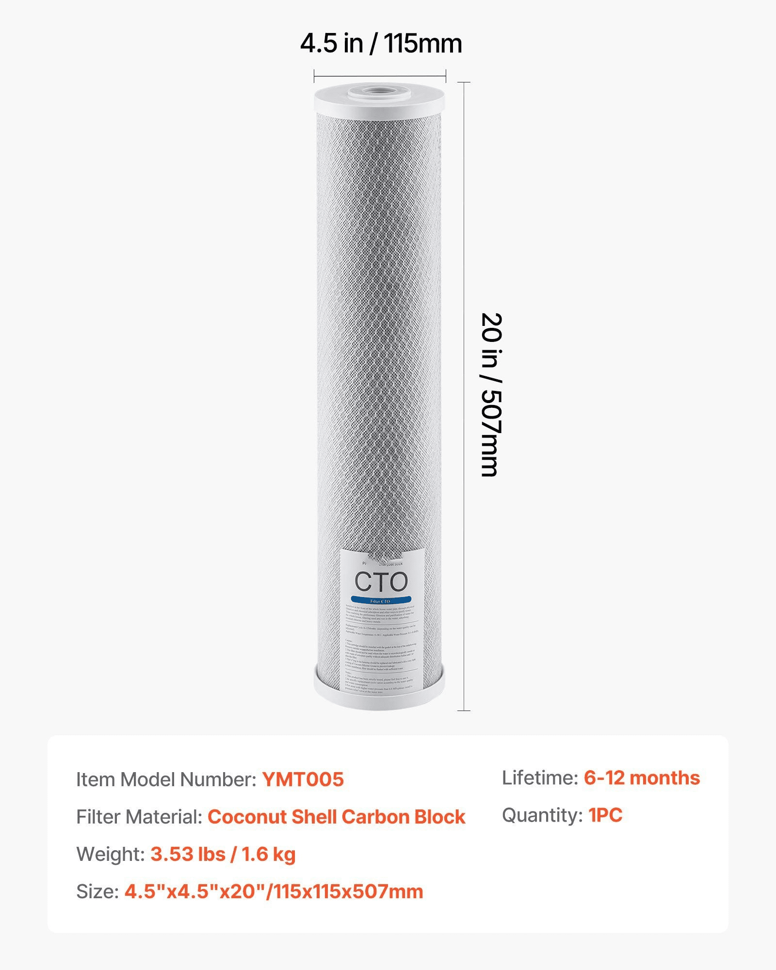 Whole House Water Filter Cartridge 4.5x20", CTO Carbon Block Filter, 1 Pack - Universal Sediment & Chlorine Reduction for Home Systems