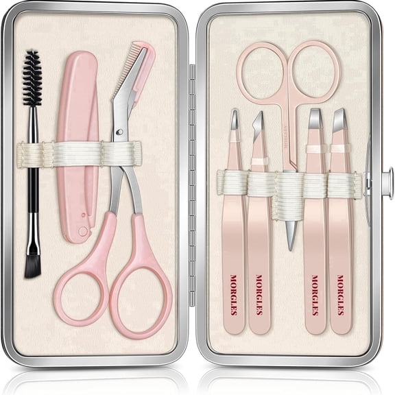 MORGLES Eyebrow Tweezers Kit, 8 Pcs Stainless Steel Precision Brow Shaping Set with Scissors, Razor, Brush & Travel Case, Pink