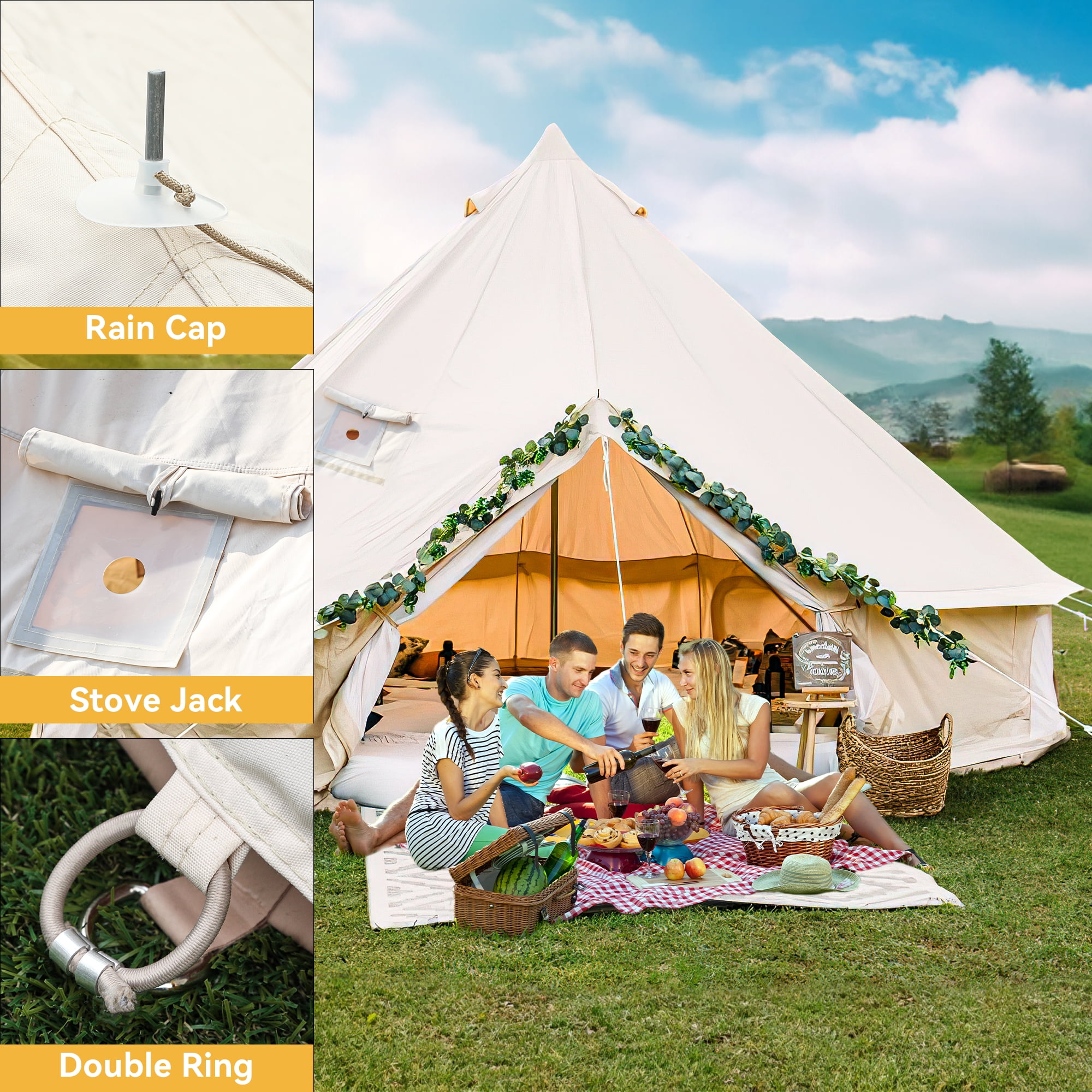 Dextrus Camping Tent with Stove Jacks & 4 Breathable Windows Cotton for Outdoor Family Party, Camping, Picnic, Barbecue