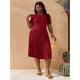 thumbnail image 4 of Plus Size Women's Solid Color Short Puff Sleeve Pleated Hem Dress Coffee Brown Casual Dress, 4 of 12