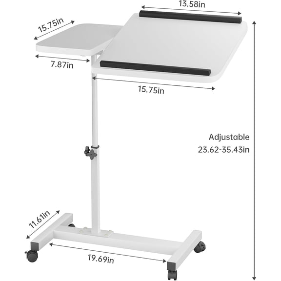 Adjustable End Table Overbed Bedside Table with Wheels, Standing Medical Desk Laptop Computer Cart for Hospital and Home Use, White