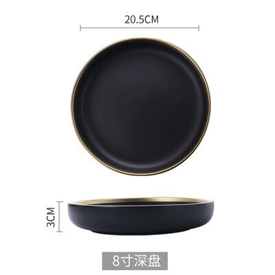 

White And Black Round Gold Stro Ceramic Dinner Plate Set Porcelain Steak Tableware Rice Soup Bowl Spoon Dish Home Decoration