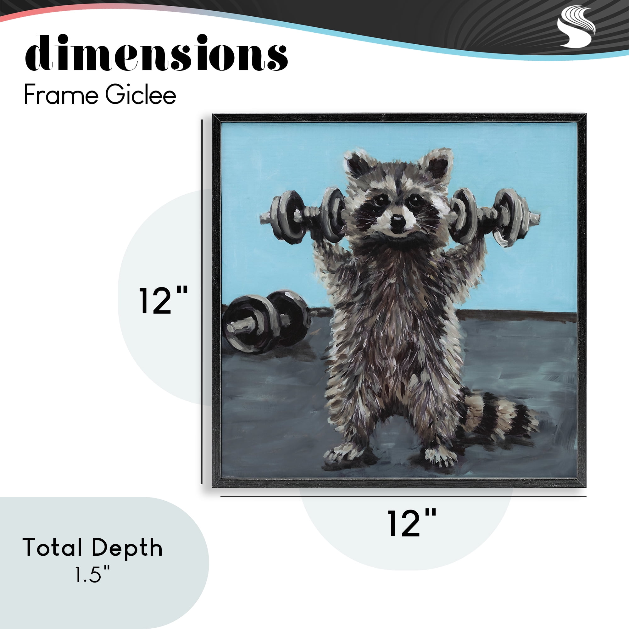 Fitness Raccoon with Weights Black Framed Giclee Art, design by Studio Bautista