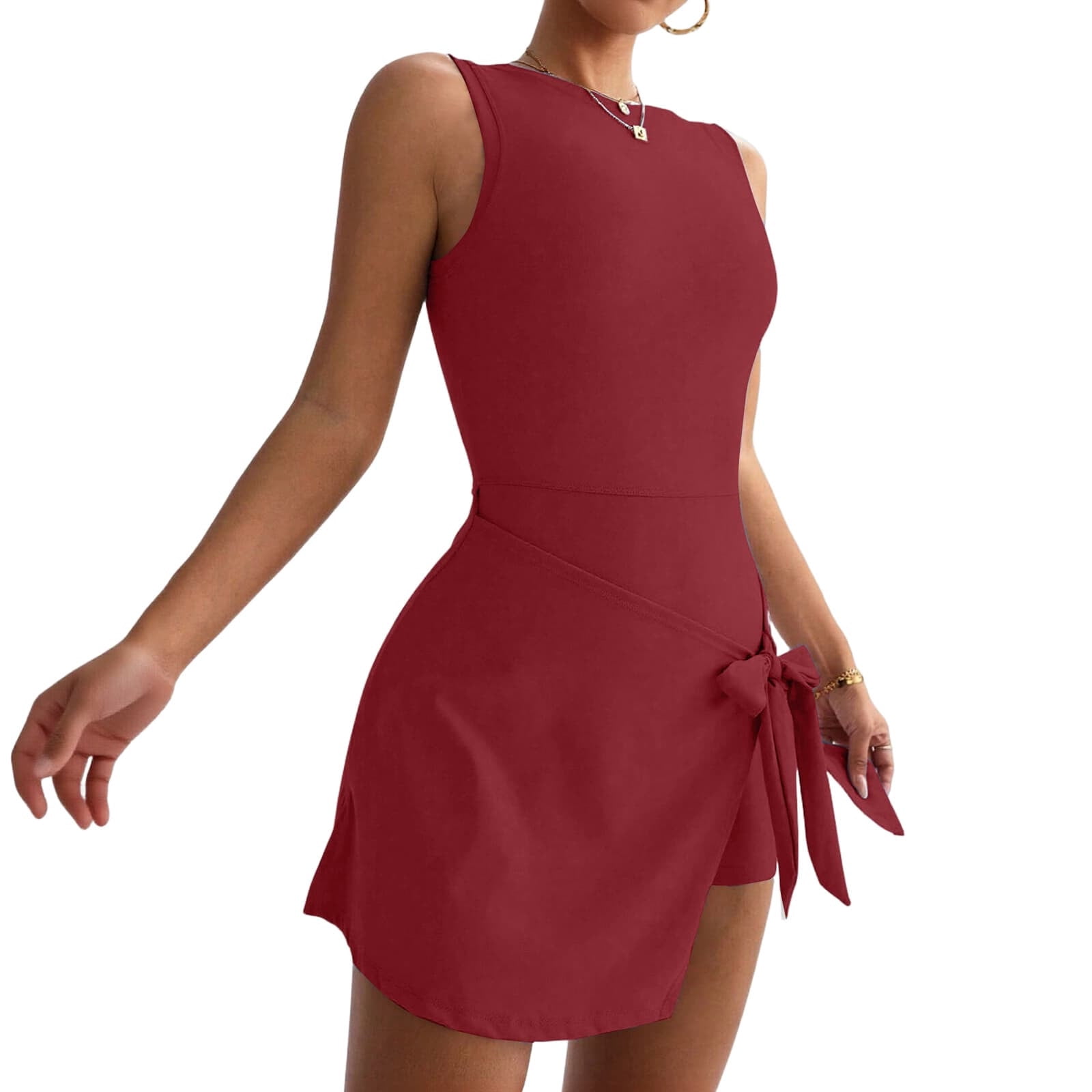 Miluxas Womens High Neck Tennis Dress Sleeveless Wrap Skirt Built in Shorts Golf Athletic Dress Workout Rompers Red
