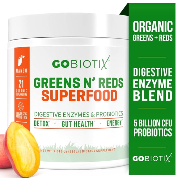 GoBiotix Super Greens & Reds Organic Super Greens Powder with Probiotics for Digestion, 30 Servings, Mango Flavor