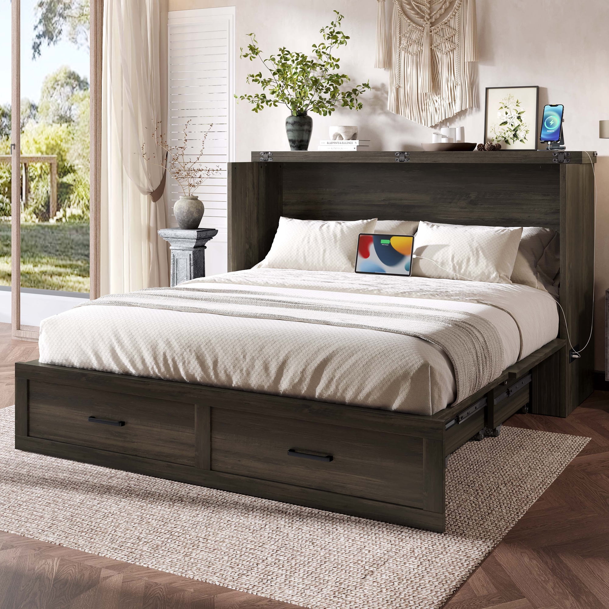 Mintazer Queen Murphy Cabinet Bed with Charging Station & Large Storage Drawer, MultiFunctional Foldable Platform Bed for Guest Room Bedroom, Brown