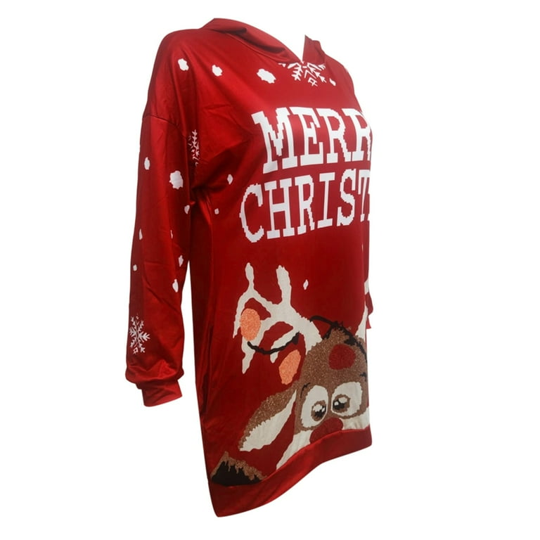 christmas hoodie dress Wang6 Plus Size Christmas Hoodie Dress for Women Cute Reindeer Printed  Pullovers Sweatshirts Dress Fall Xmas Long Sleeve V Neck Loose Fit Mini  Dresses with Pocket White S