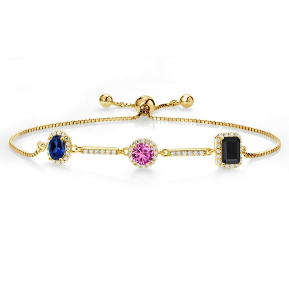 Gem Stone King 1.71 Ct Blue Created Sapphire Pink Created Sapphire 18K Yellow Gold Plated Silver Bracelet for Women