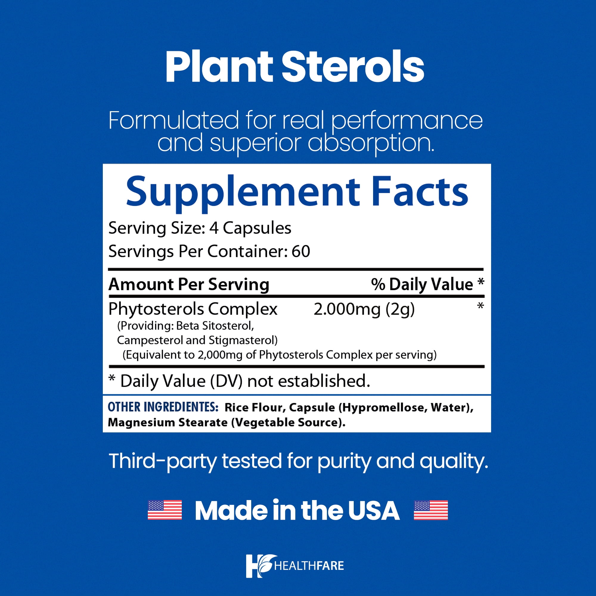 HealthFare Plant Sterols 2000mg | Cholesterol Support | Beta Sitosterol & Phytosterol Complex | 240 Vegan Capsules | Non-GMO, Gluten-Free