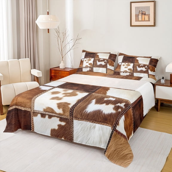 Homewish Country Farm Cowhide Twin Sheet Sets,Rustic Farmhouse Cabin Twin Fitted Sheet,Patchwork Cow Hide 03 For Men Women,Ultra Soft Home Decor,3-Piece
