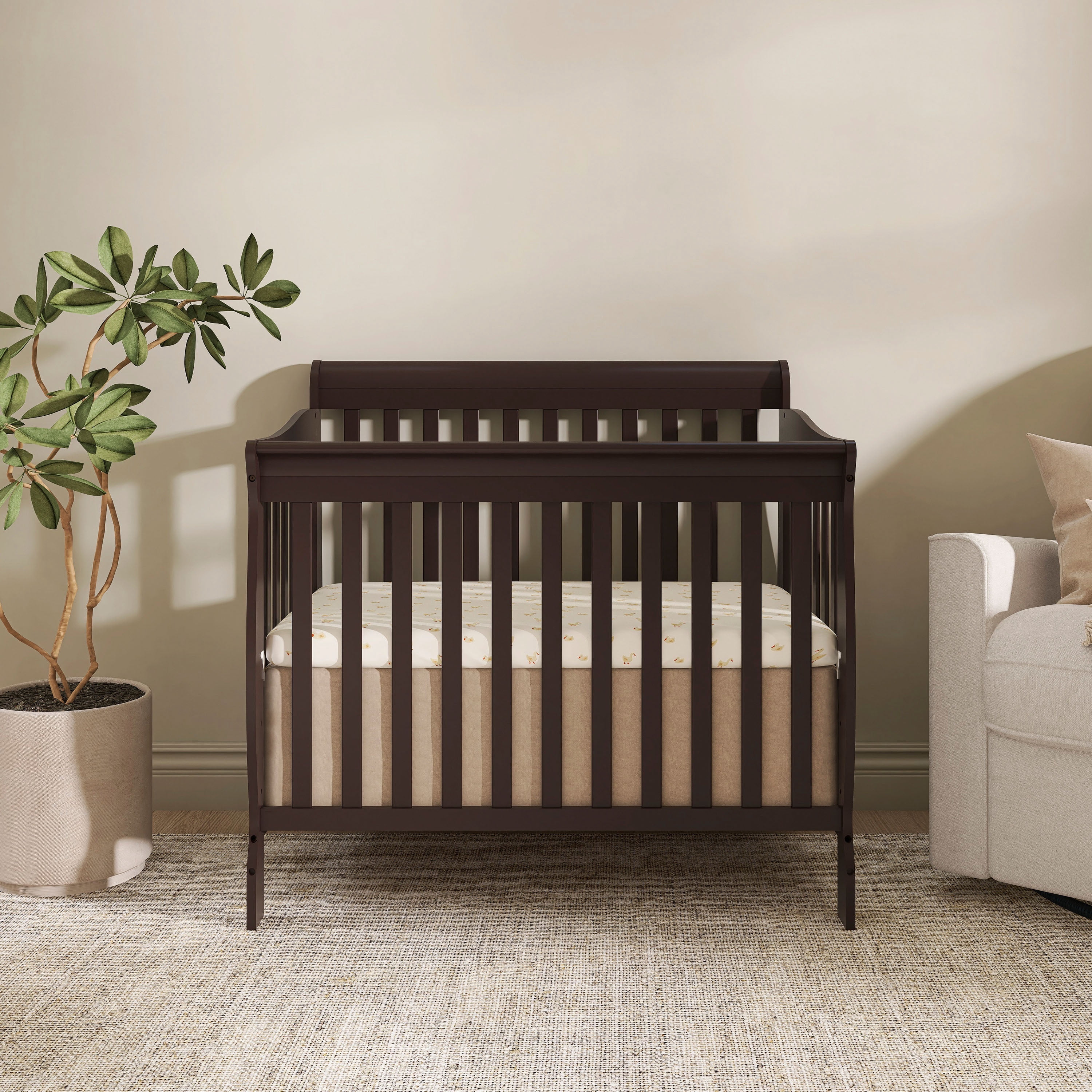 Dream On Me Aden 4-in-1 Convertible Mini Crib In Chocolate Chip, Greenguard Gold Certified