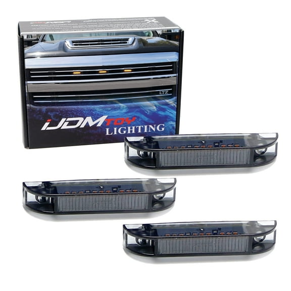 Smoked Lens Amber LED Grille Lights Kit For 15-up Chevy Silverado 2500 3500, Center Set 3-Piece Marker Lamps w/Wiring & Hardware