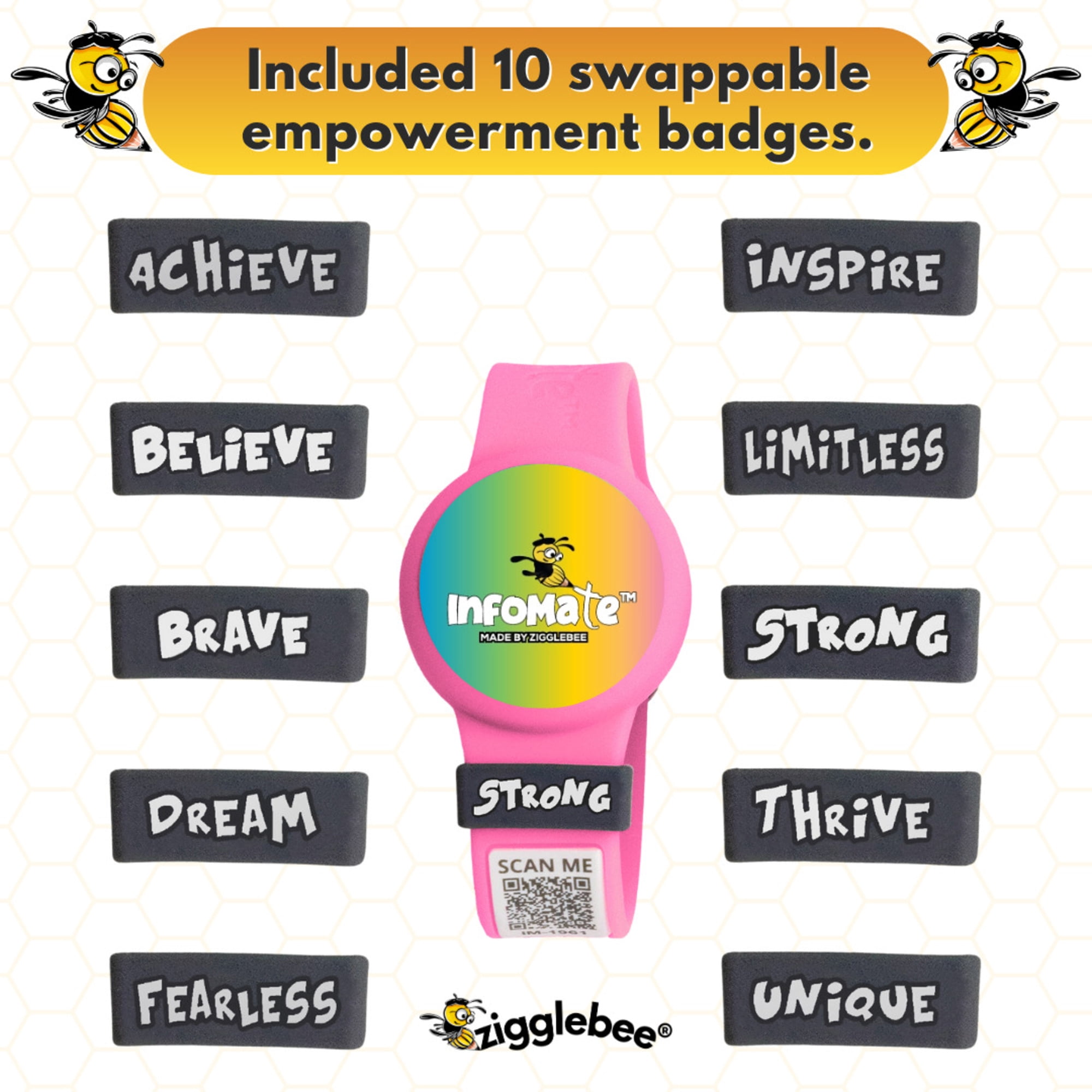 InfoMate by Zigglebee QR Code Medical Bracelet and AirTag Holder Wristband, Hot Pink, Pin Buckle