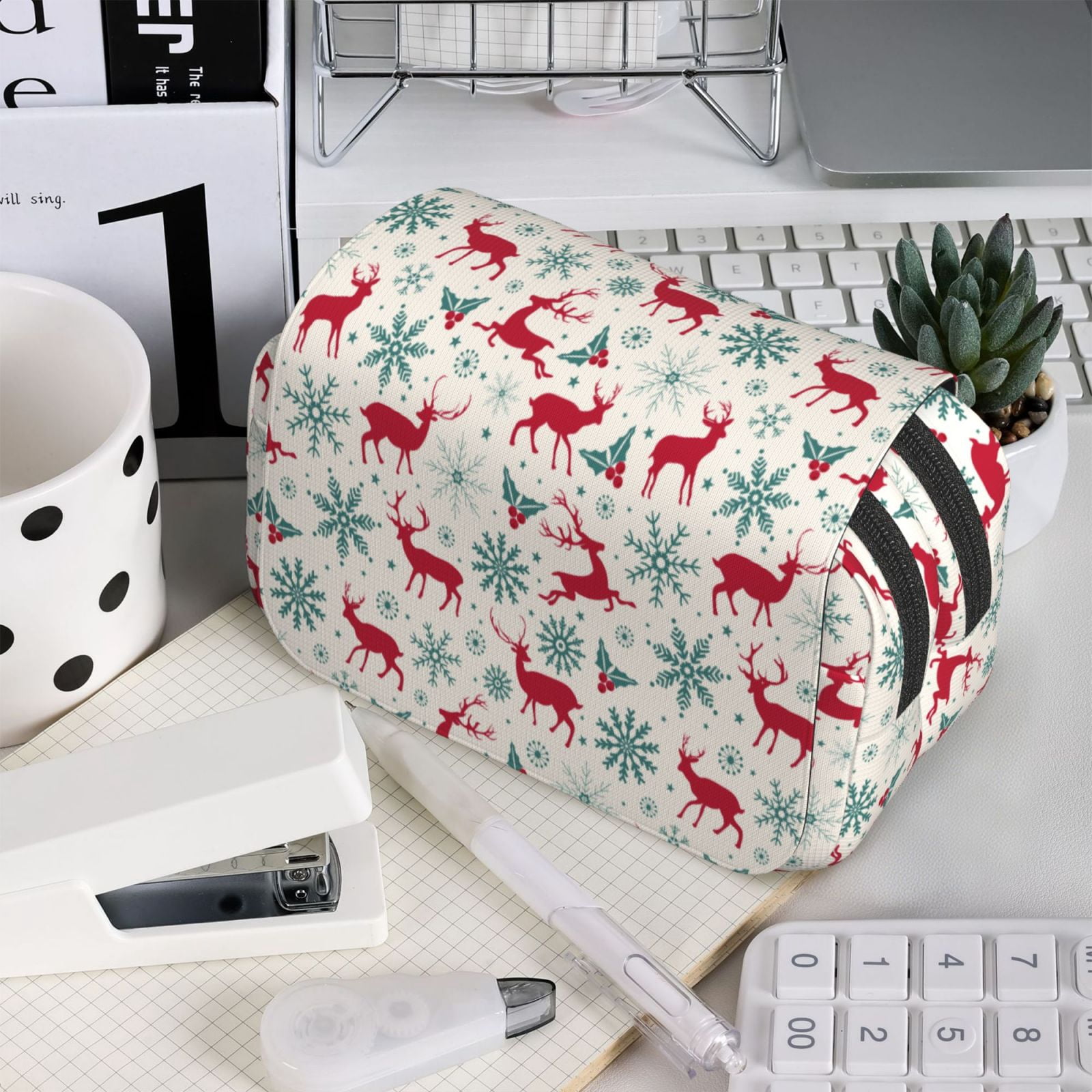Rateoe Vintage Christmas Reindeer Pattern Double Clamshell Pen Case, Storage Organizer with Two Zipper Compartments– Holds Up to 50 Pencils & Pens