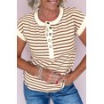 thumbnail image 7 of Casual Khaki Stripe T-Shirt for Women – Short Sleeve Round Neck Top with Button Detail, M, 7 of 7